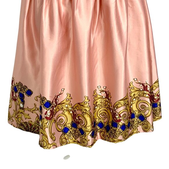 Joe Fresh Fit & Flare Pink Satin Cocktail Dress Size 8 Gold Blue Baroque Design - Picture 4 of 12